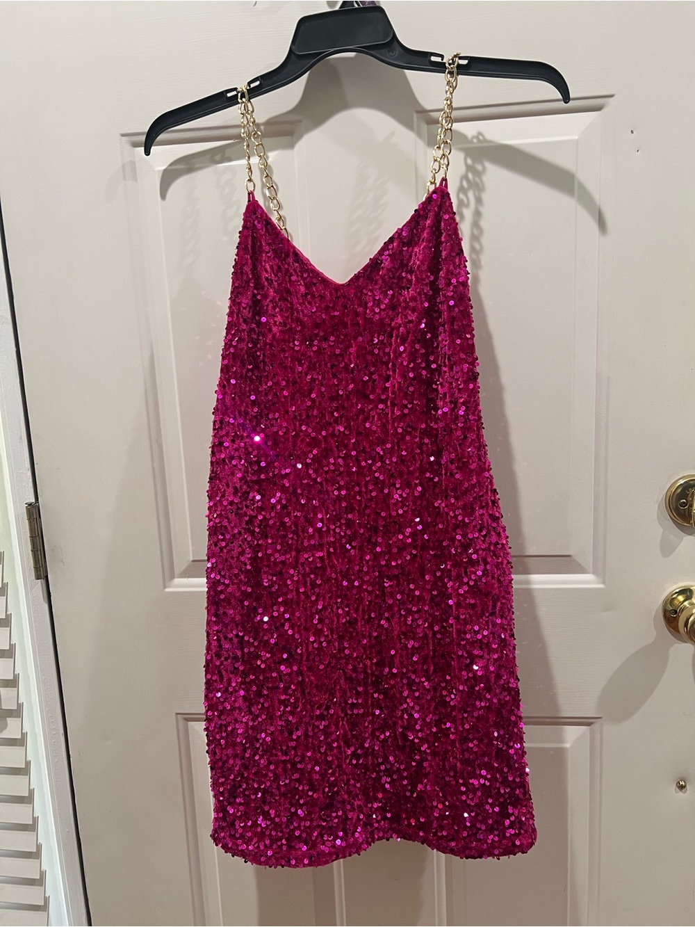 Fashion Nova Hot Pink Sequin Dress with Gold Chain Straps